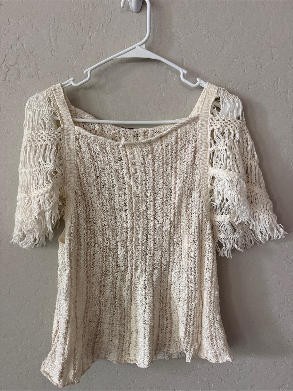 Free People Cream Open-Knit Fringe Sleeve Top